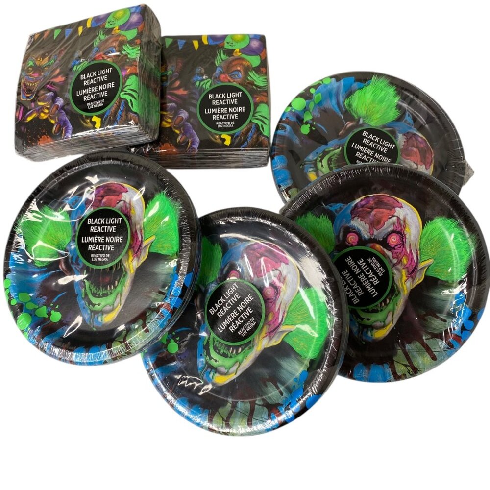Circus Freak Halloween‎ Table Decor BlackLightReactive Clown Party Plate Napkins